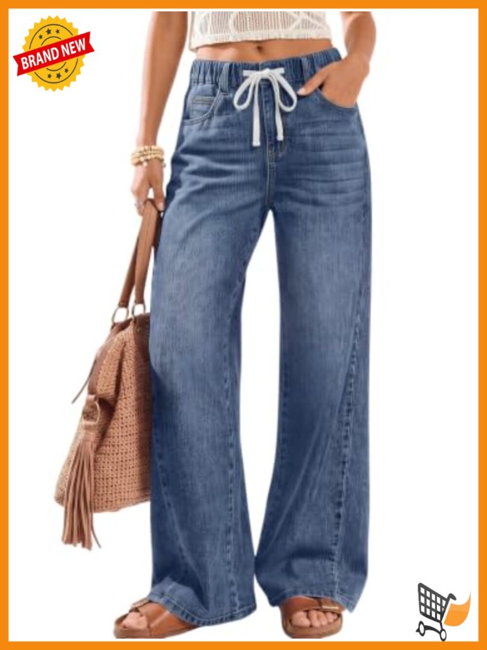 Wide Leg High Waisted Jeans Cotton Blend Pull On Denim Pants